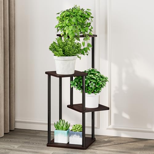 AZERPIAN Plant Stand 4 Tier Indoor Metal Flower Shelf for Multiple Plants Corner Tall Flower Holders for Patio Garden Living Room Balcony Bedroom, Black oak - Image 2