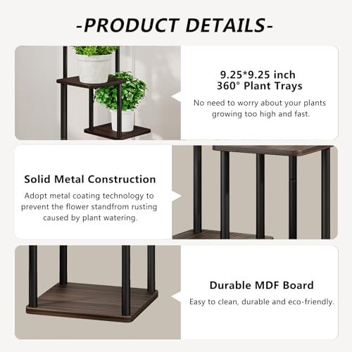 AZERPIAN Plant Stand 4 Tier Indoor Metal Flower Shelf for Multiple Plants Corner Tall Flower Holders for Patio Garden Living Room Balcony Bedroom, Black oak - Image 5