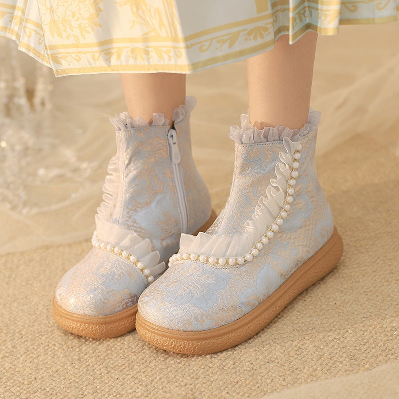 New Size 30-43 Lace Fashion Pearl National Fashion Antique Sweet Flat Boots Women - Image 2