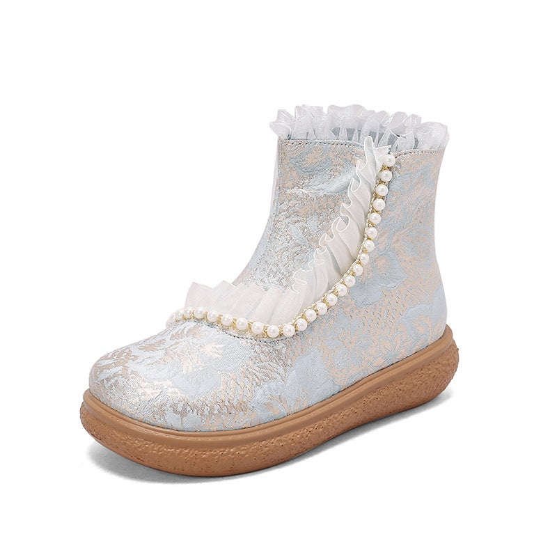 New Size 30-43 Lace Fashion Pearl National Fashion Antique Sweet Flat Boots Women - Image 1