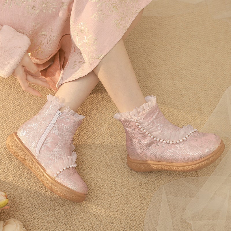 New Size 30-43 Lace Fashion Pearl National Fashion Antique Sweet Flat Boots Women - Image 3