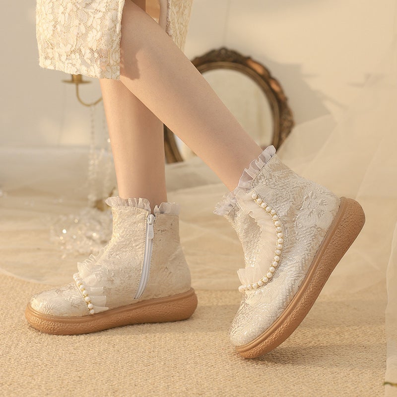 New Size 30-43 Lace Fashion Pearl National Fashion Antique Sweet Flat Boots Women - Image 4