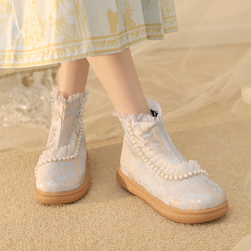 New Size 30-43 Lace Fashion Pearl National Fashion Antique Sweet Flat Boots Women - Image 5