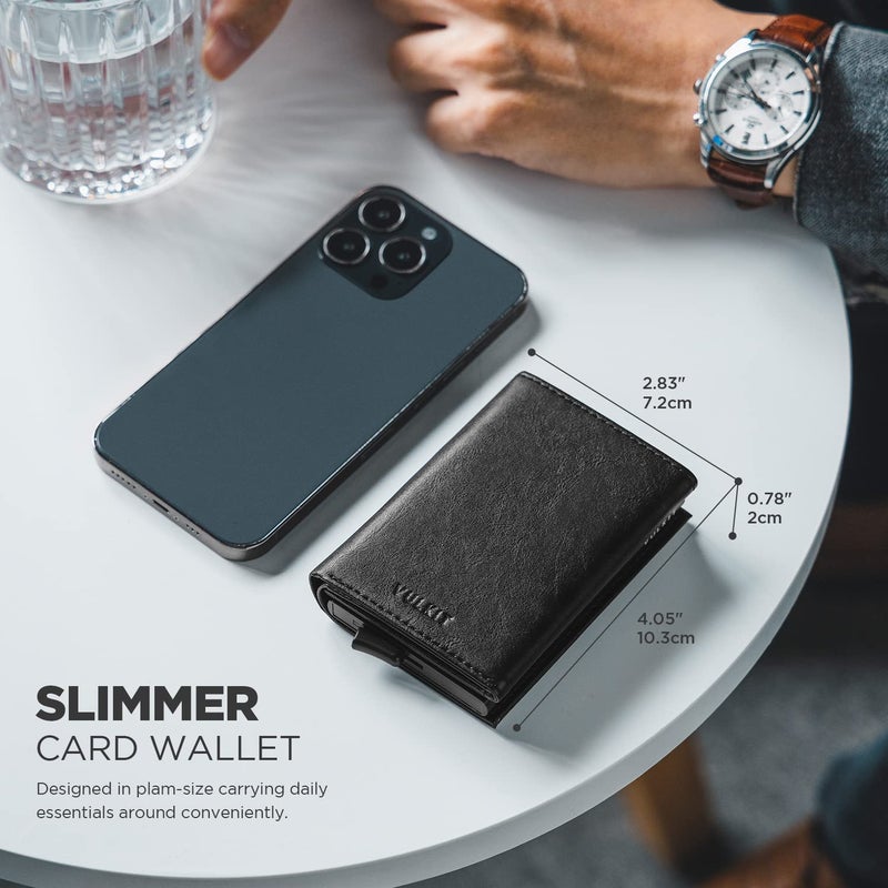 VULKIT محفظة بطاقات فالكيت القابلة للطي - محفظة نقدية بسيطة - محفظة جلدية مانعة لتداخل RFID - حامل بطاقات ائتمان ذكي مع نافذة هوية للرجال (أسود) - Image 5