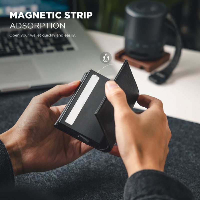 VULKIT محفظة بطاقات فالكيت القابلة للطي - محفظة نقدية بسيطة - محفظة جلدية مانعة لتداخل RFID - حامل بطاقات ائتمان ذكي مع نافذة هوية للرجال (أسود) - Image 4