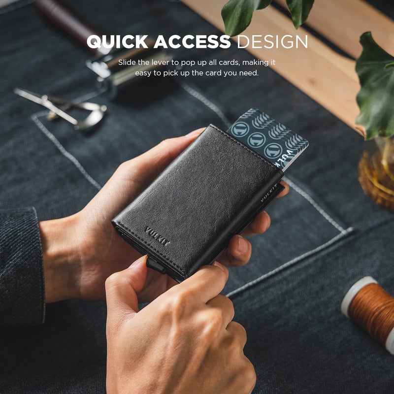 VULKIT محفظة بطاقات فالكيت القابلة للطي - محفظة نقدية بسيطة - محفظة جلدية مانعة لتداخل RFID - حامل بطاقات ائتمان ذكي مع نافذة هوية للرجال (أسود) - Image 3