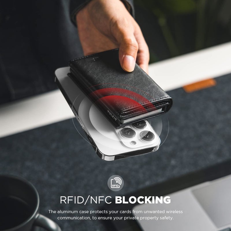 VULKIT محفظة بطاقات فالكيت القابلة للطي - محفظة نقدية بسيطة - محفظة جلدية مانعة لتداخل RFID - حامل بطاقات ائتمان ذكي مع نافذة هوية للرجال (أسود) - Image 2