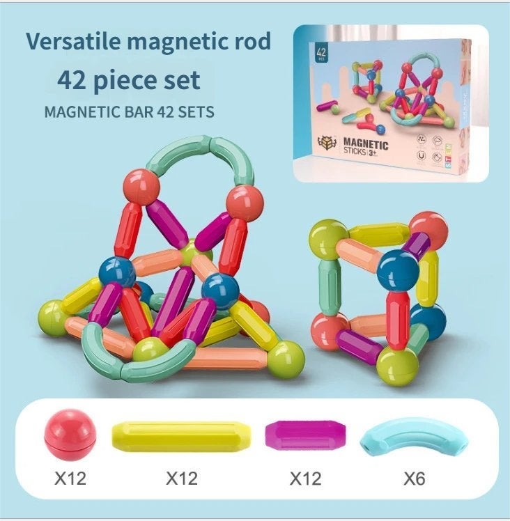 42-Piece Magnetic Building Blocks Stick Set with Storage Box, Educational Construction Toys for Kids (29x7x22cm) - Image 1