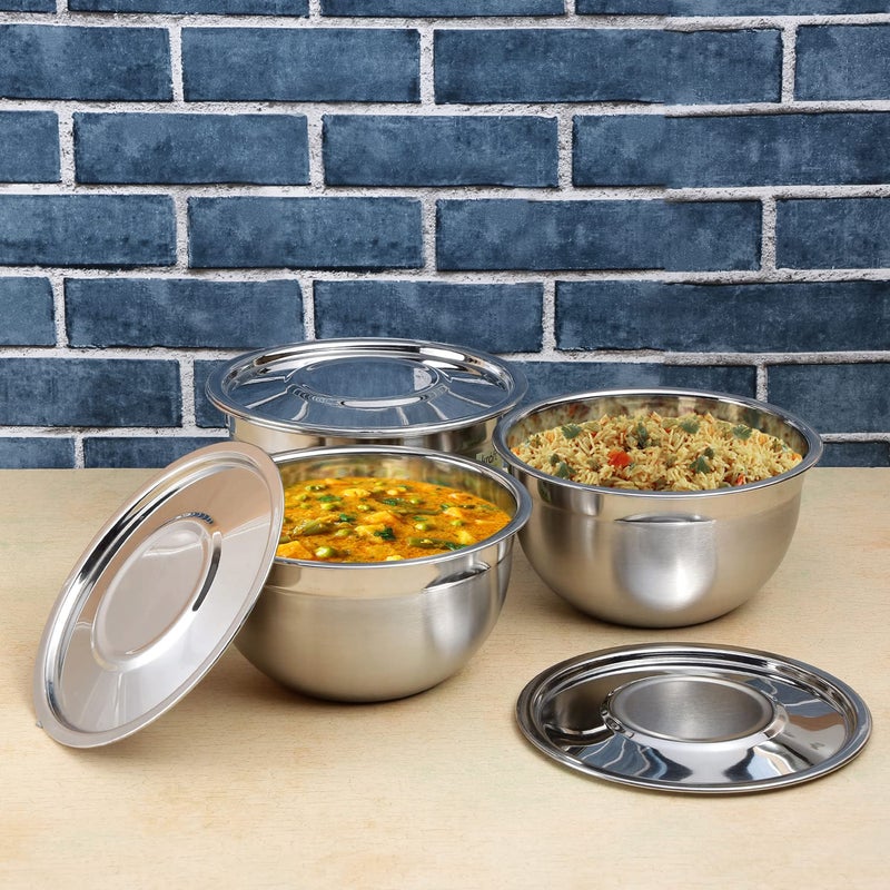 Kraft Stainless Steel Serving Bowl with Lid Set of 3 pcs - 18cm | Mixing Steel Big Bowl | Salad, Rice, Desert, Bowl Set | Matt Finish, Food Grade - Silver - Image 4