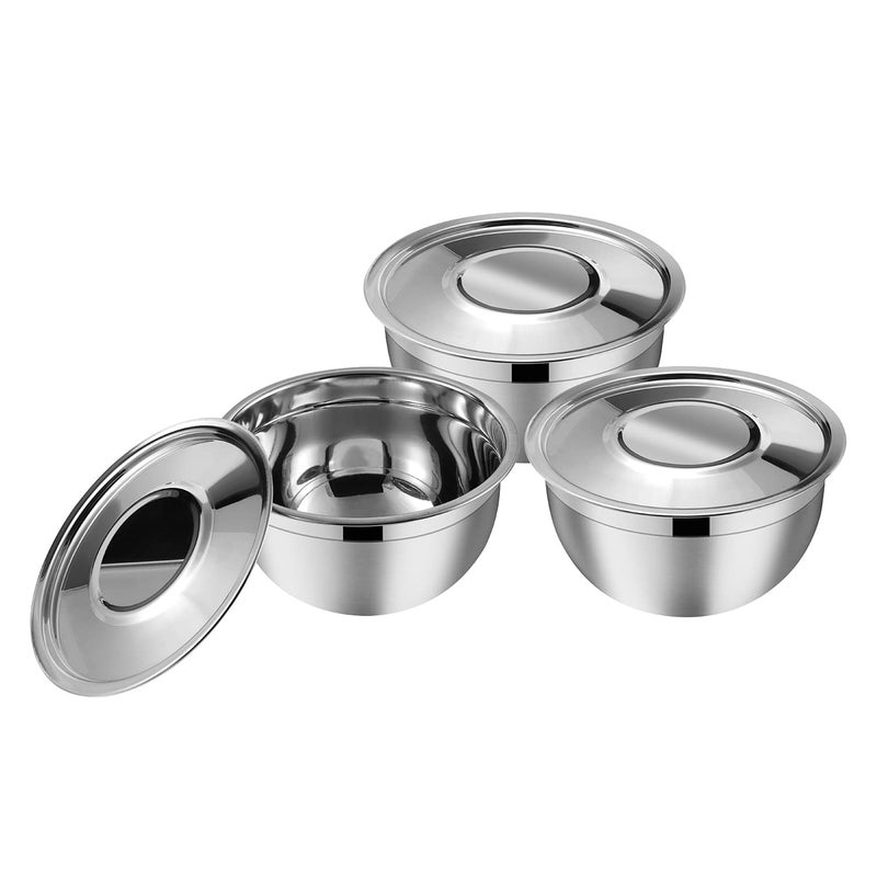 Kraft Stainless Steel Serving Bowl with Lid Set of 3 pcs - 18cm | Mixing Steel Big Bowl | Salad, Rice, Desert, Bowl Set | Matt Finish, Food Grade - Silver - Image 1