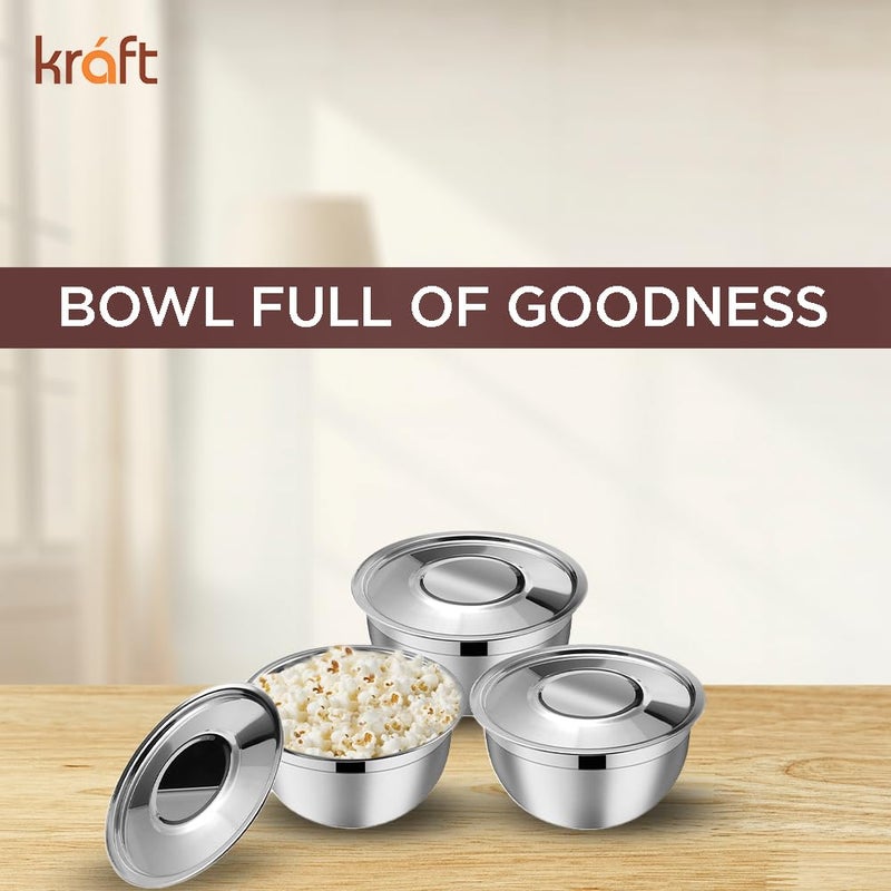 Kraft Stainless Steel Serving Bowl with Lid Set of 3 pcs - 18cm | Mixing Steel Big Bowl | Salad, Rice, Desert, Bowl Set | Matt Finish, Food Grade - Silver - Image 5