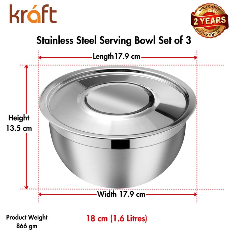 Kraft Stainless Steel Serving Bowl with Lid Set of 3 pcs - 18cm | Mixing Steel Big Bowl | Salad, Rice, Desert, Bowl Set | Matt Finish, Food Grade - Silver - Image 3