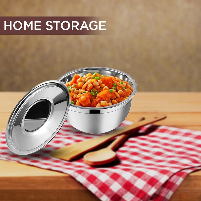 Kraft Stainless Steel Serving Bowl with Lid Set of 3 pcs - 18cm | Mixing Steel Big Bowl | Salad, Rice, Desert, Bowl Set | Matt Finish, Food Grade - Silver - Image 2