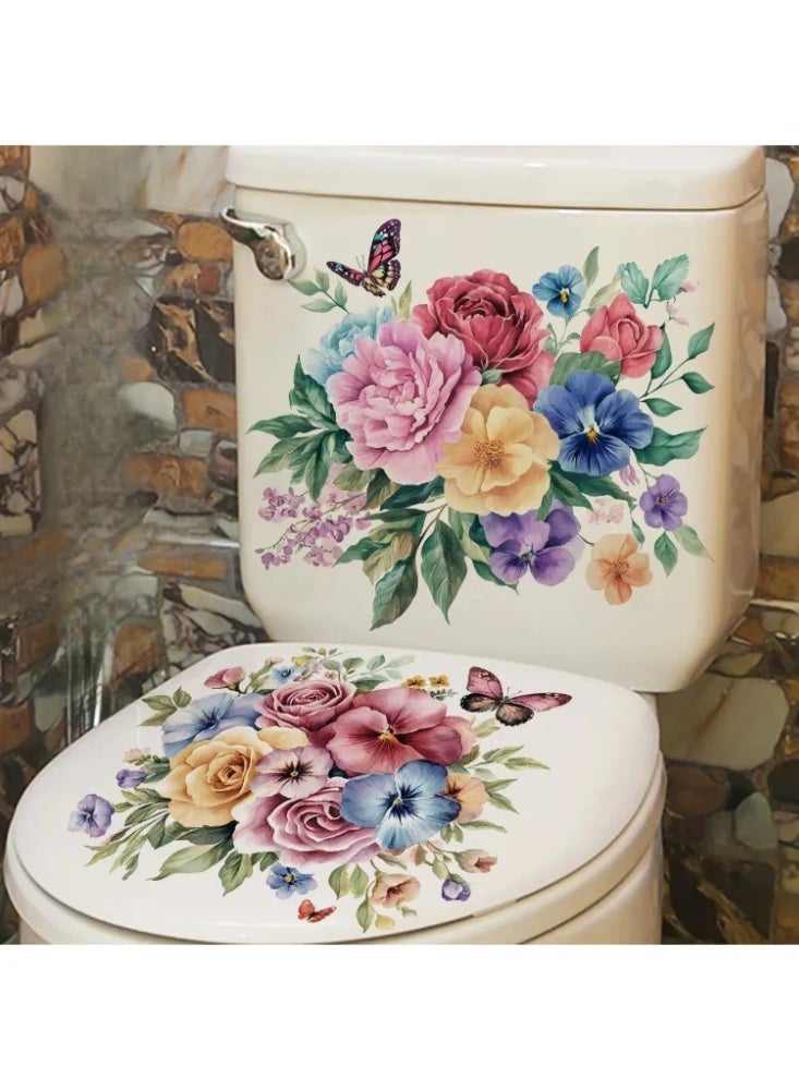 3D Embossed Peony & Butterfly Toilet Sticker, Waterproof Removable Bathroom Decor Decal - Image 2