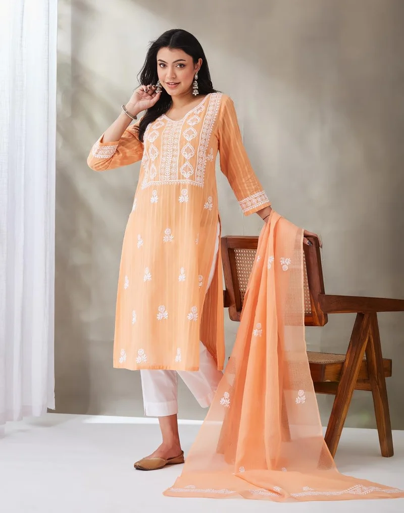 Fabindia Coral Cotton Chikankari Slim Fit Dupatta & Kurta Set