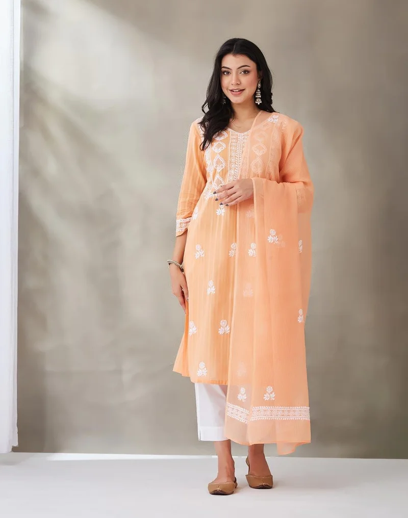 Fabindia Coral Cotton Chikankari Slim Fit Dupatta & Kurta Set