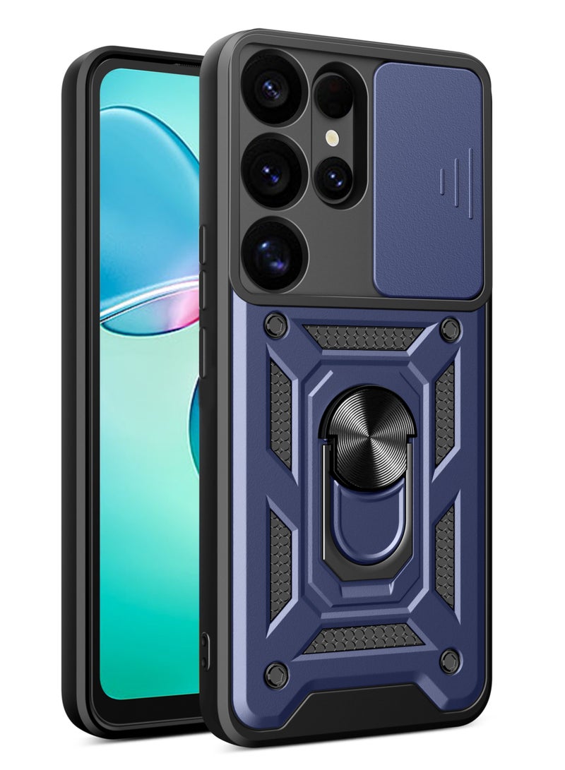 Shunjia Sliding Window Case, Shockproof Rugged Armor with Sliding Camera Cover & 360° Ring Kickstand, Compatible with Samsung Galaxy S25 Ultra (Blue)