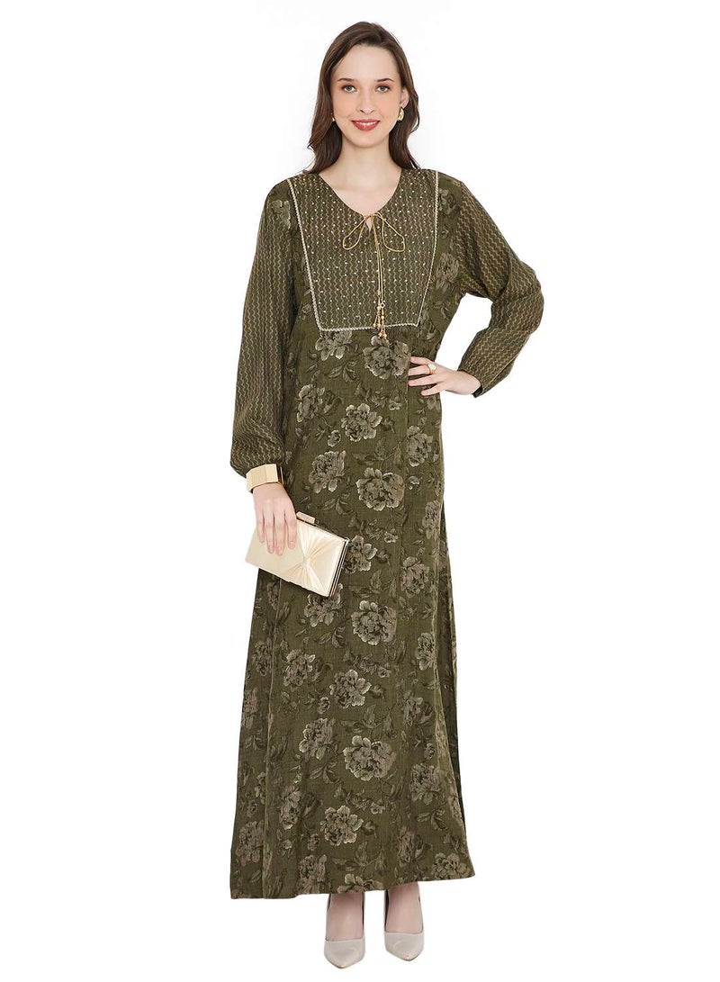 HANA & SARA STYLISH STONE WORK WITH FRONT NECK TIE LONG ELEGANT ARABIC KAFTAN JALABIYA DRESS  - Image 4
