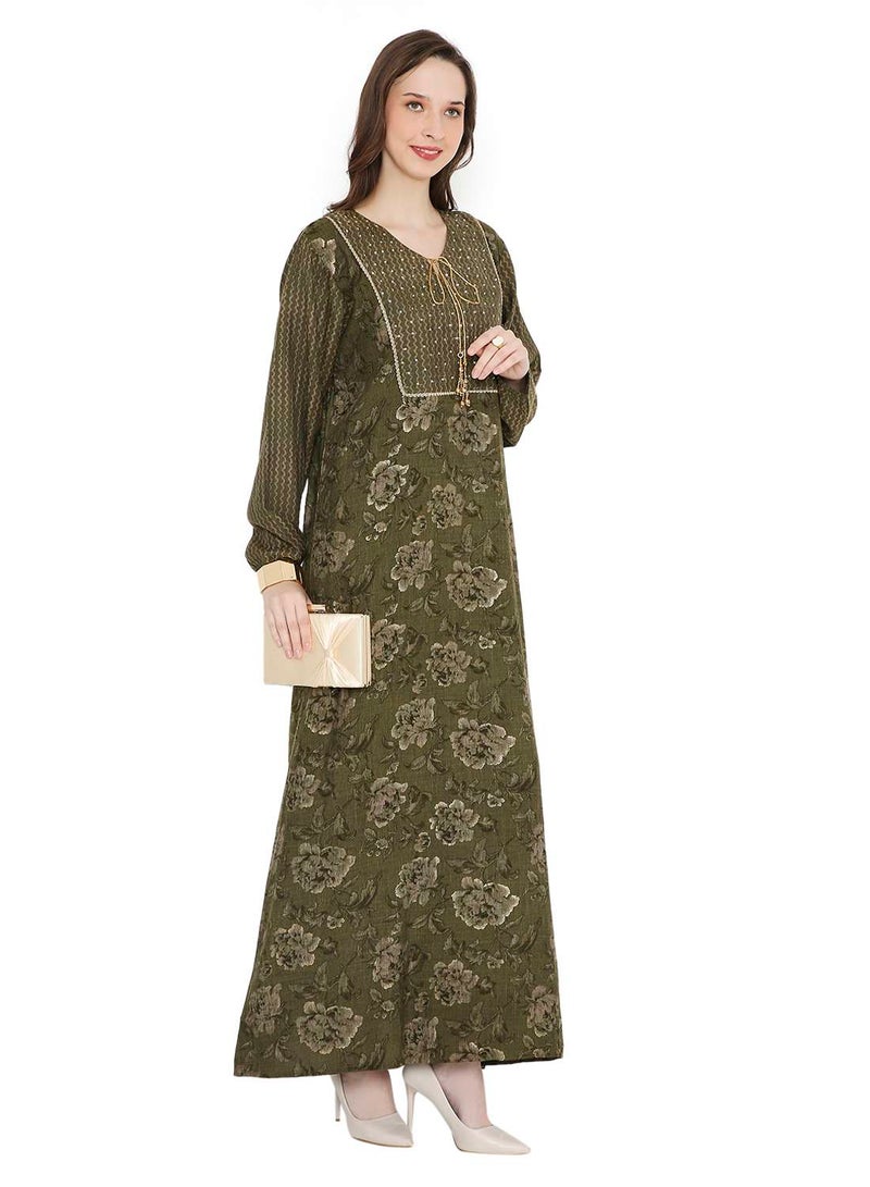 HANA & SARA STYLISH STONE WORK WITH FRONT NECK TIE LONG ELEGANT ARABIC KAFTAN JALABIYA DRESS  - Image 1