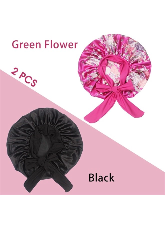 Hanbertti 2 Pack Silk Satin Hair Bonnet Sleeping Hat with Stretch Tie Band Bonnets Silk Bonnet Satin Bonnet Adjustable Bonnet for Curly Hair Sleeping Adult Women Girls（Black+Fushia Flower） - Image 1