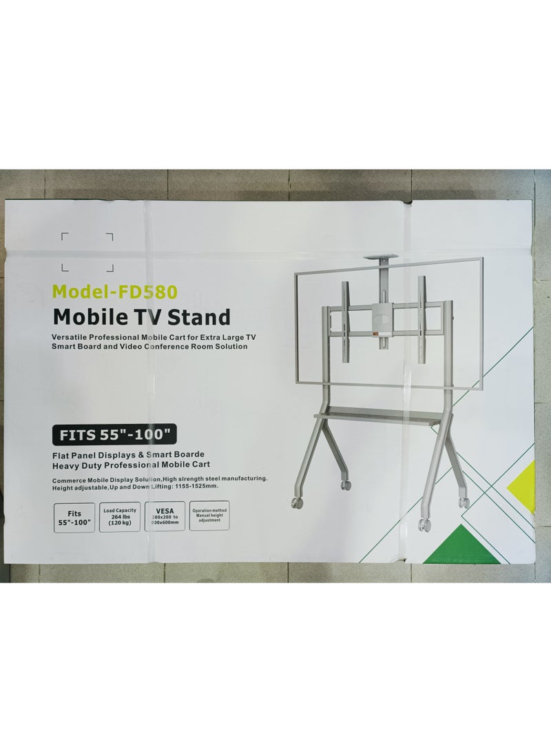FD580 Heavy-Duty Mobile TV Stand with Wheels | Fits 55″ – 100″ Screens | Adjustable Height | VESA 940×600 mm | Steel Frame | Lockable Caster Wheels - Image 3