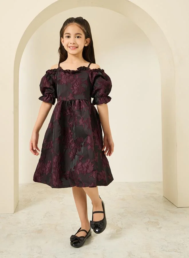 Styli Women Burgundy Floral Jacquard Dress