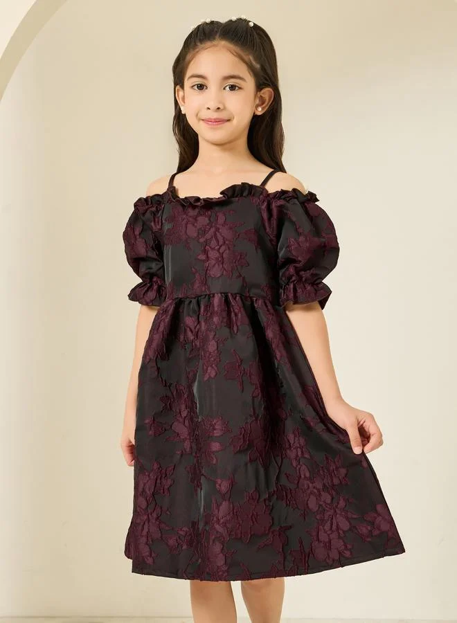 Styli Women Burgundy Floral Jacquard Dress