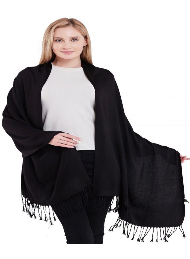 فيتاشيلي وشاح كشمير نسائي كبير الحجم من الباشمينا شالات دافئة كبيرة يلتف بلون شتوي سادة باللون الأسود - Image 1