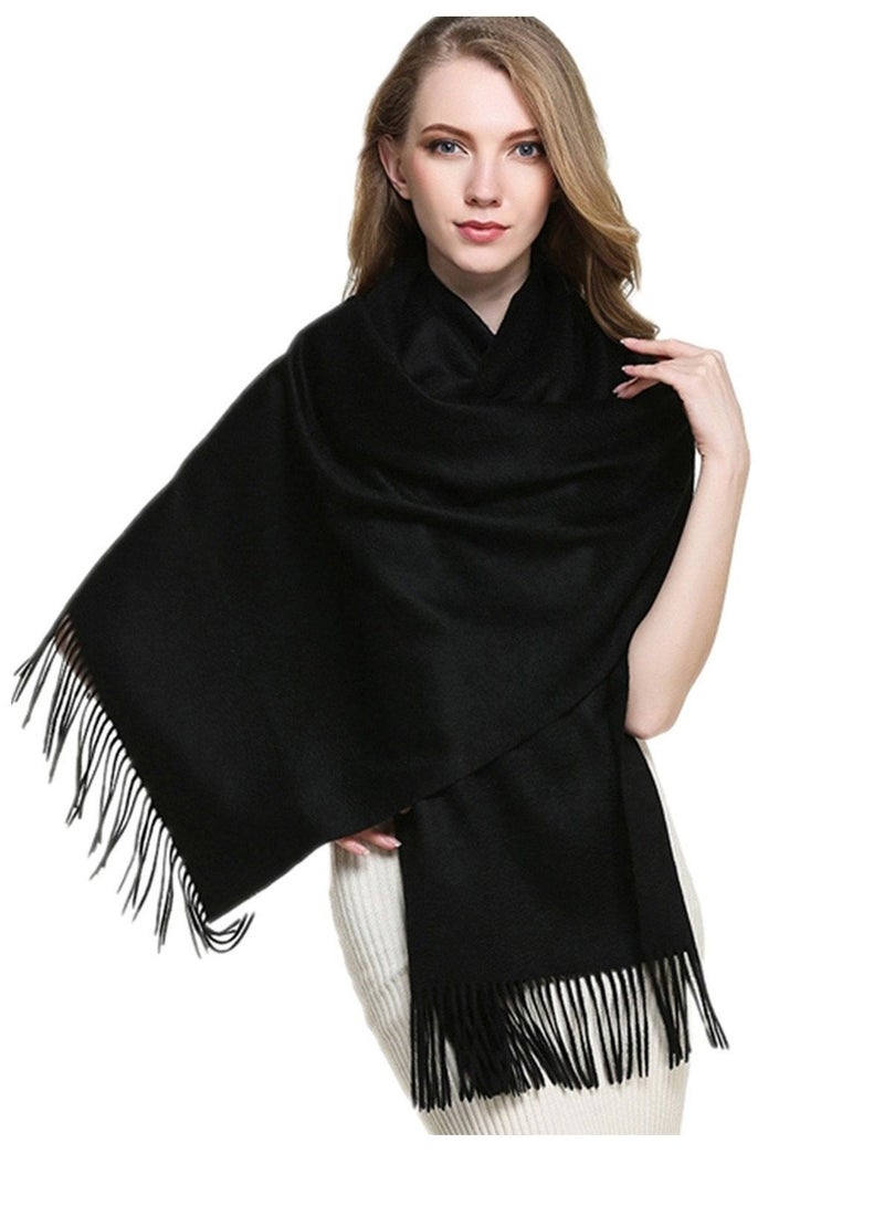 فيتاشيلي وشاح كشمير نسائي كبير الحجم من الباشمينا شالات دافئة كبيرة يلتف بلون شتوي سادة باللون الأسود - Image 2
