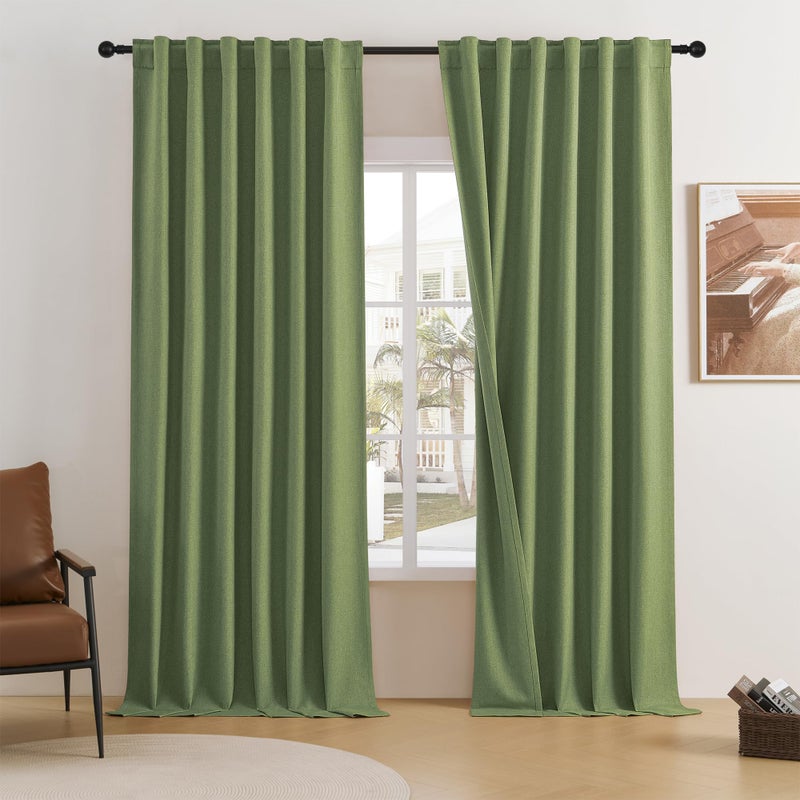 DUALIFE Light Sage Green Curtains 96 Inches Long for Bedroom 2 Panels Back Tab Loop Pocket Linen Draperies Neutral Farmhouse Blackout Privacy Pale Green Curtains for Living Room Office 8 FT 50x96 - Image 1