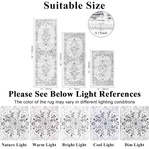 Ileading Boho Kitchen Rugs Sets 3 Piece with Runner Floral Kitchen Floor Mat Carpet Farmhouse Kitchen Rugs and Mats Non Skid Washable Runner Rug for Kitchen Floor Office Sink Laundry Light Grey - Image 3