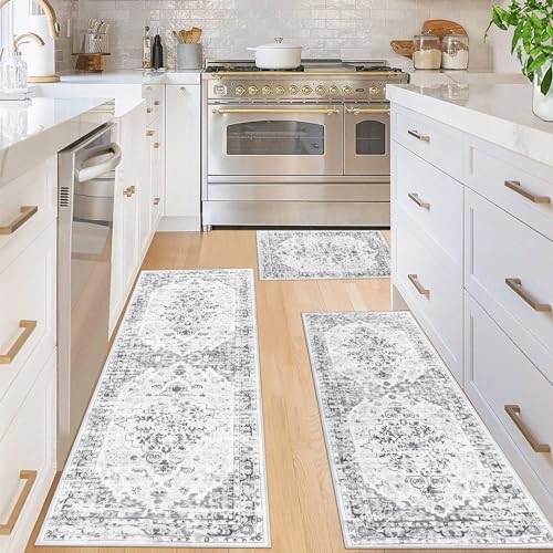 Ileading Boho Kitchen Rugs Sets 3 Piece with Runner Floral Kitchen Floor Mat Carpet Farmhouse Kitchen Rugs and Mats Non Skid Washable Runner Rug for Kitchen Floor Office Sink Laundry Light Grey - Image 1