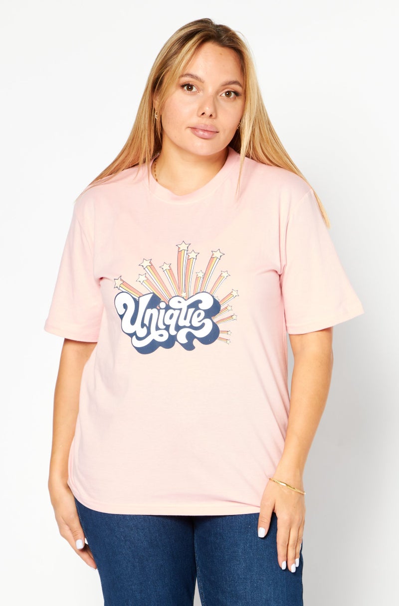 Ocean Pacific تي شيرت نسائي بأكمام قصيرة وياقة دائرية، مطبوع برسومات، وردي - Image 1