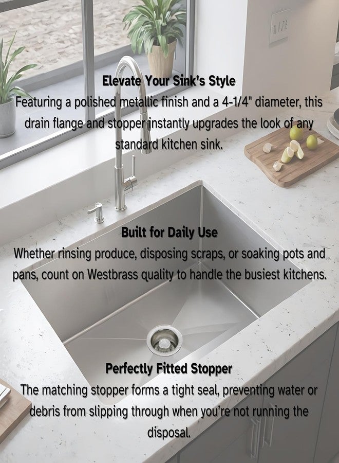 ويست براس شفة وسدادة تصريف نفايات حوض المطبخ Westbrass D2089-05 مقاس 4-1/4 بوصة، مطلية بالنيكل المصقول - Image 4