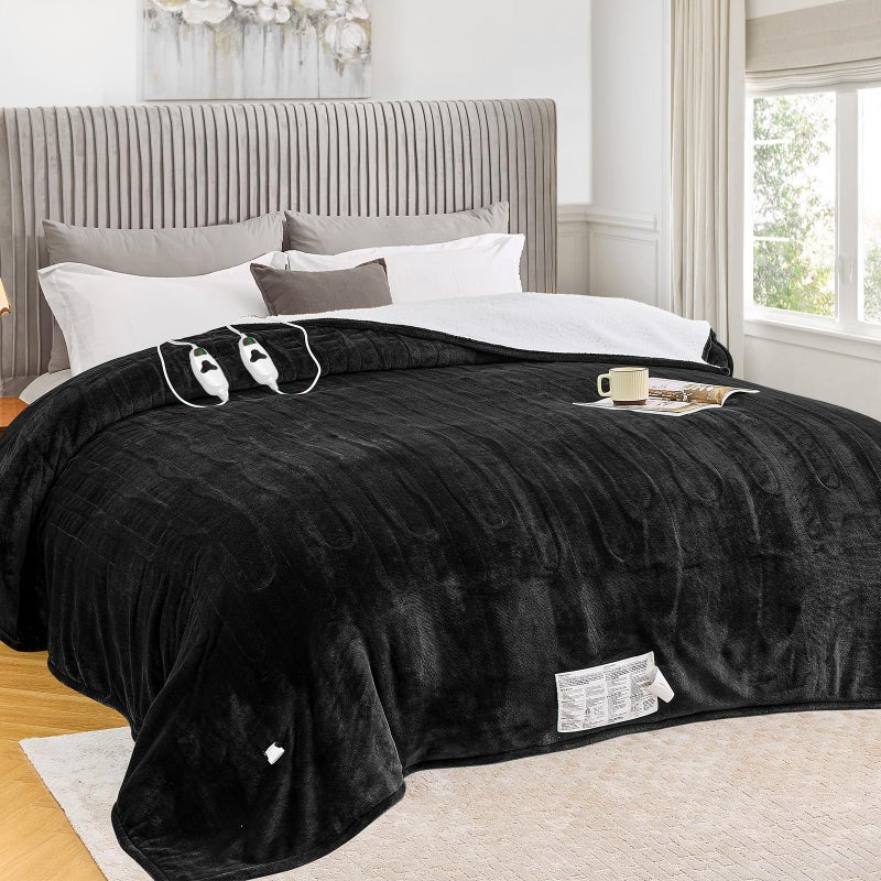 greenoak Heated Blanket Electric King Size 100"X90" Dual Control, Heating Blanket 10 Heat Levels 1/2/4/6/8 Hours Auto-Off, Sherpa Soft Warm Christmas Blanket, Lacquered Black - Image 1