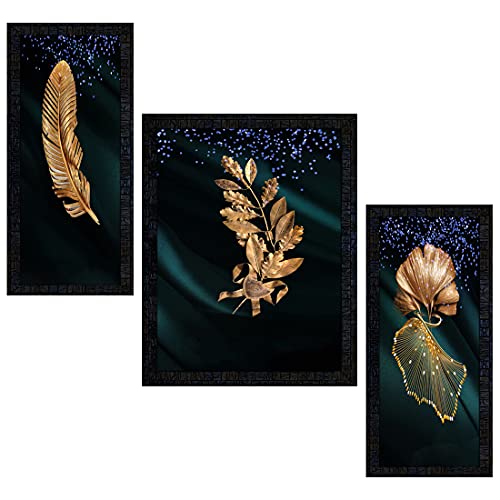 pnf Poster And Frames Metalic Leaves Framed Wall Painting | Living Room, Bedroom | Home Decoration | Best Gifting Option | Set Of 3 (14x22inch) 1814 - Image 1