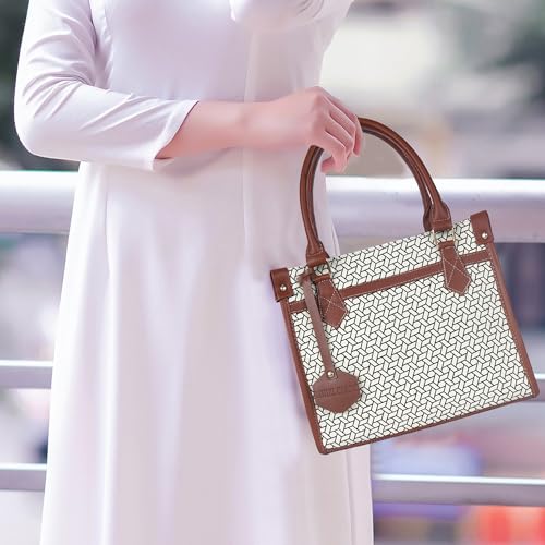 DANIEL CLARK Geometric Pattern Handbag, Faux Leather Trim Shoulder Bag, Dual Handle with Crossbody Strap, Fashion Tote bag (Beige) - Image 3