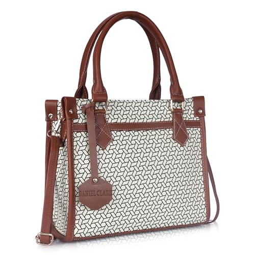 DANIEL CLARK Geometric Pattern Handbag, Faux Leather Trim Shoulder Bag, Dual Handle with Crossbody Strap, Fashion Tote bag (Beige) - Image 1