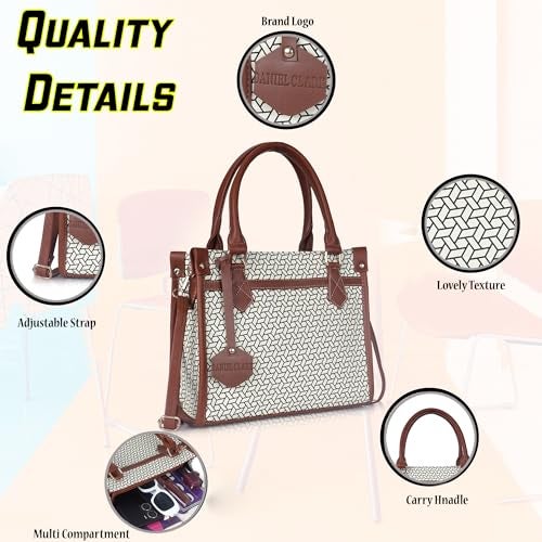 DANIEL CLARK Geometric Pattern Handbag, Faux Leather Trim Shoulder Bag, Dual Handle with Crossbody Strap, Fashion Tote bag (Beige) - Image 2