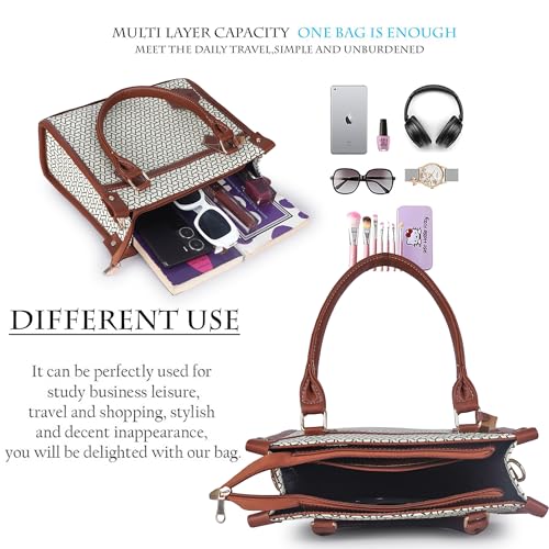 DANIEL CLARK Geometric Pattern Handbag, Faux Leather Trim Shoulder Bag, Dual Handle with Crossbody Strap, Fashion Tote bag (Beige) - Image 5
