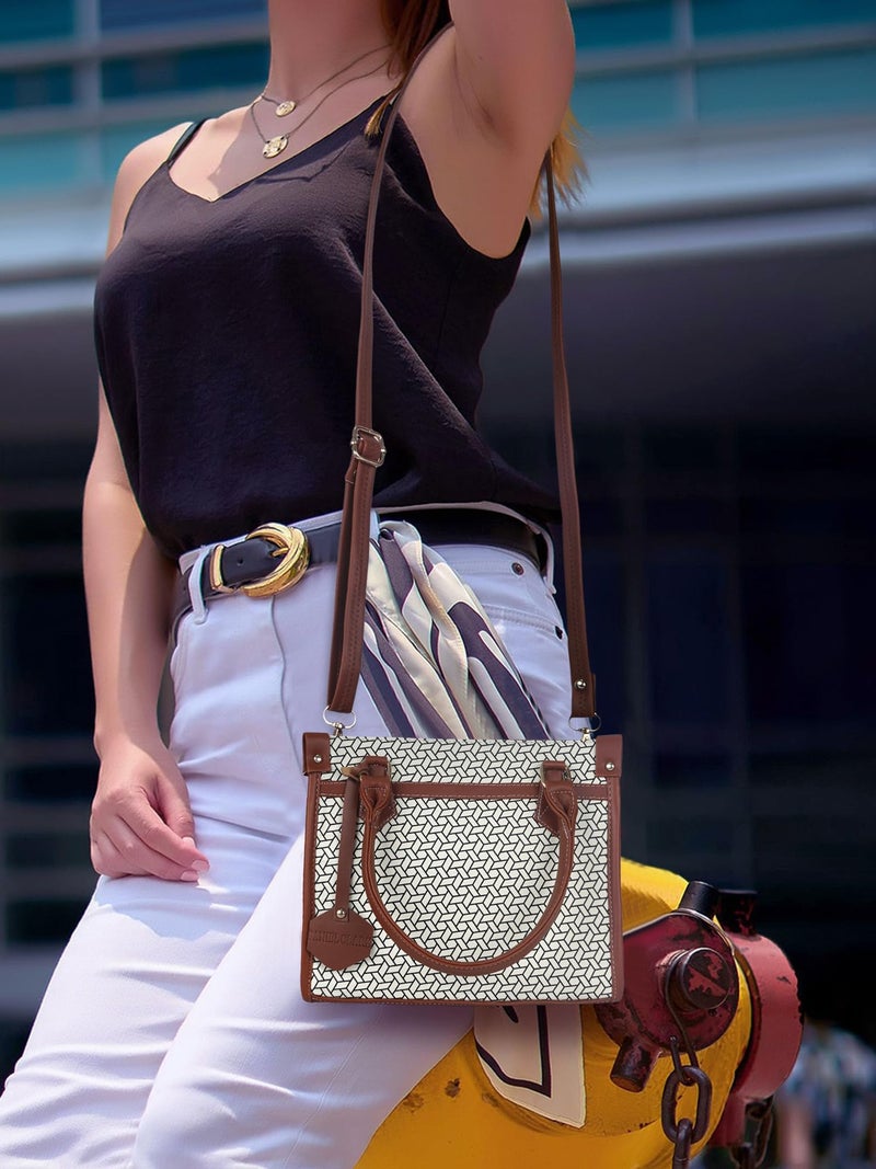 DANIEL CLARK Geometric Pattern Handbag, Faux Leather Trim Shoulder Bag, Dual Handle with Crossbody Strap, Fashion Tote bag (Beige) - Image 4