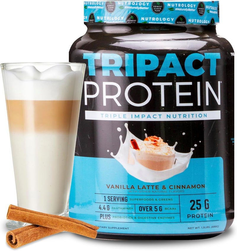 Nutrology TRIPACT Protein Powder Vanilla Latte  Cinnamon Flavor 7in1 Meal Replacement Shake with Grass Fed Whey Protein Powder Pea Rice Greens Probiotics  BCAAs Amino Energy 20 Servings - Image 1