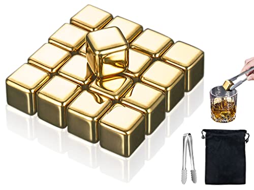 Kellegour 16 PCS Stainless Steel Whiskey Golden Ice CubesGold Stainless Steel Whiskey StonesGold Stainless Steel Ice Cubesfor WhiskeyWine ChillerBeerVodkaLiqueursDrinks Cooler SetGold