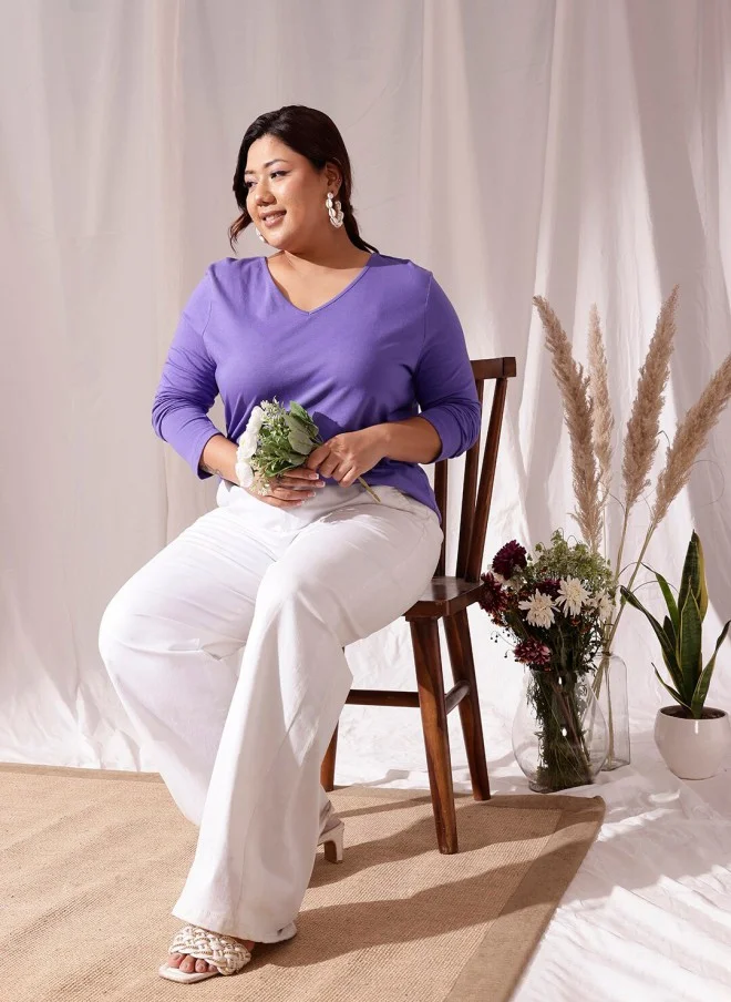 CURVY STREET Purple V-Neck Cotton T-Shirt for Women