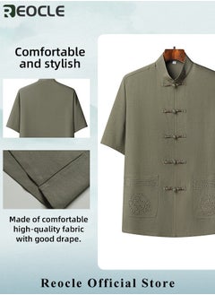 REOCLE Men's 2 Piece Cotton Linen Set Summer Outfits Short Sleeve Button Down Shirts Stretch Long Pant Casual Breathable Set  - Image 4