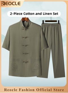 REOCLE Men's 2 Piece Cotton Linen Set Summer Outfits Short Sleeve Button Down Shirts Stretch Long Pant Casual Breathable Set  - Image 1