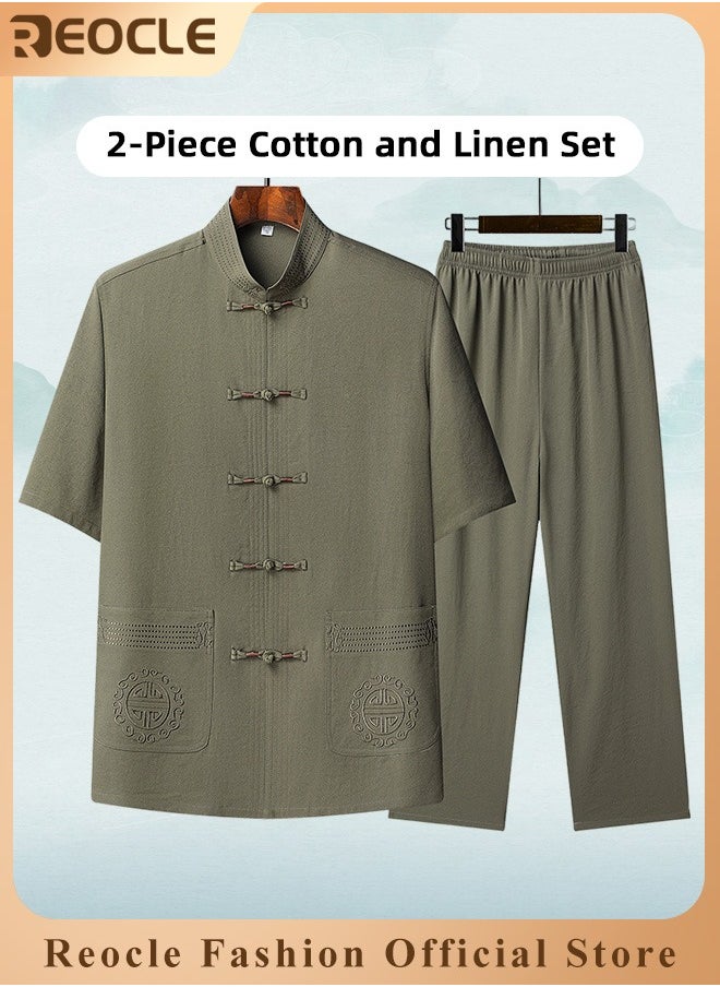REOCLE Men's 2 Piece Cotton Linen Set Summer Outfits Short Sleeve Button Down Shirts Stretch Long Pant Casual Breathable Set  - Image 1
