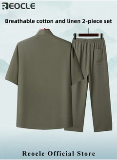 REOCLE Men's 2 Piece Cotton Linen Set Summer Outfits Short Sleeve Button Down Shirts Stretch Long Pant Casual Breathable Set  - Image 2
