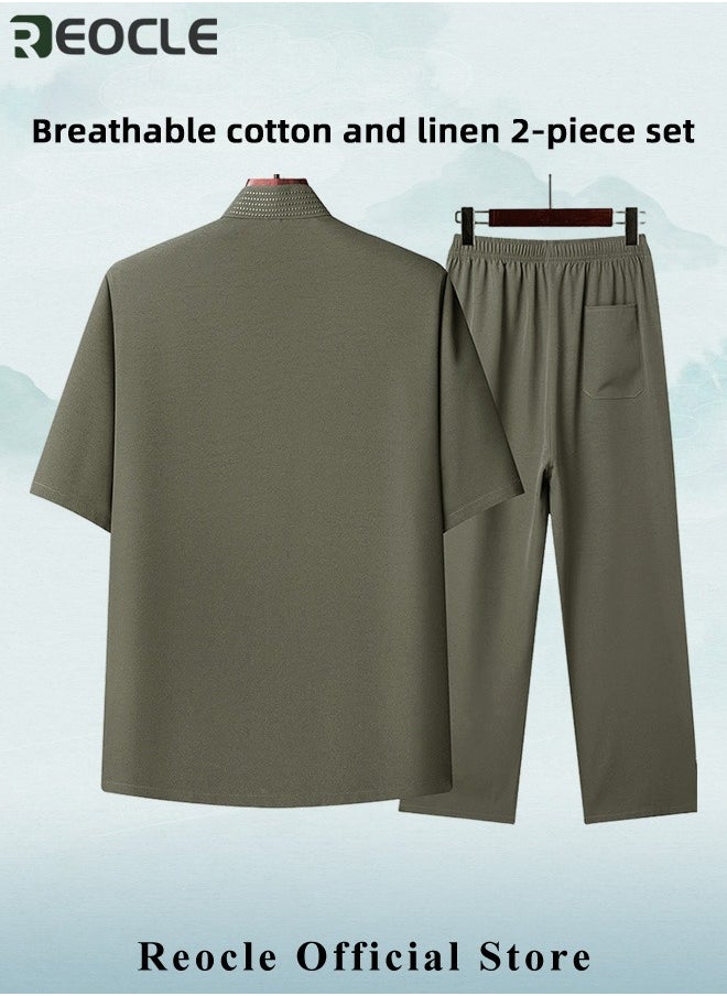 REOCLE Men's 2 Piece Cotton Linen Set Summer Outfits Short Sleeve Button Down Shirts Stretch Long Pant Casual Breathable Set  - Image 2