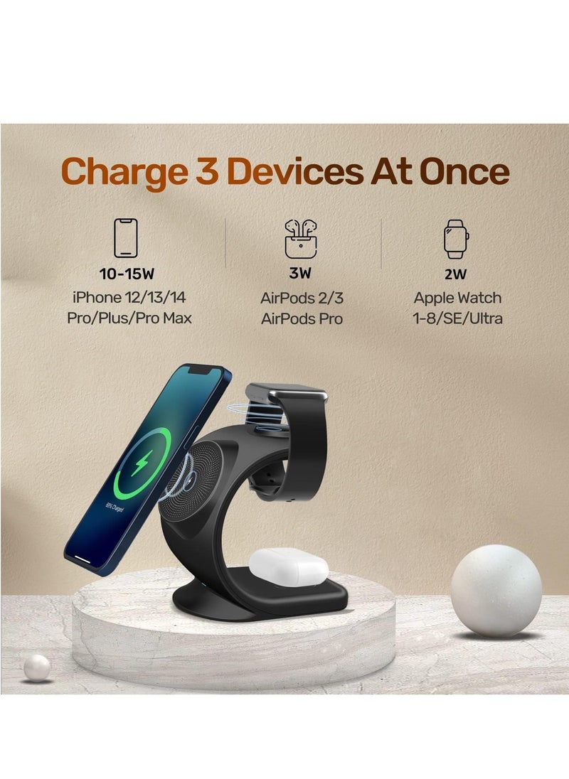 Generic - 3 in 1 Magnetic Wireless Charger, with USB-C Adapter, Charging Station Compatible with MagSafe Stand for Apple iPhone 14 13 12 Plus Pro Max, iWatch 1-8 (Black) - Image 1